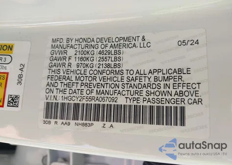 2024 Honda Accord Hybrid Sport z USA, uszkodzony, nr VIN 1HGCY2F55RA067092